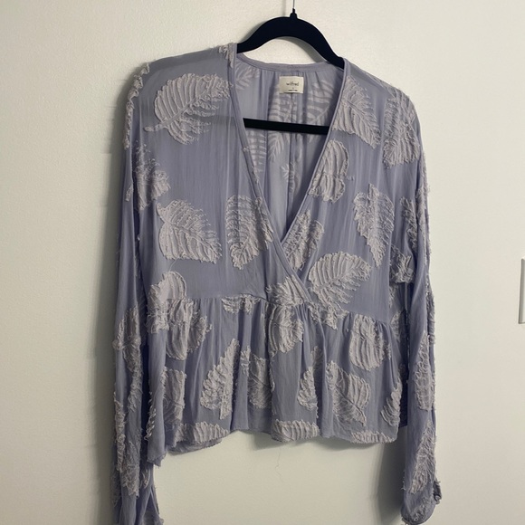 Purple flowy long-sleeve chiffon shirt with v-neck. - Picture 1 of 2
